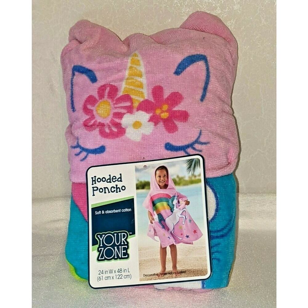 Your Zone Hooded Poncho Towel for Kids 24 x 48" Pink Unicorn NWT Beach Pool Bath